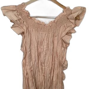 Mango NWOT Soft Blush Peach Ruffled Pleated Crinkle Off Shoulder Date Top M